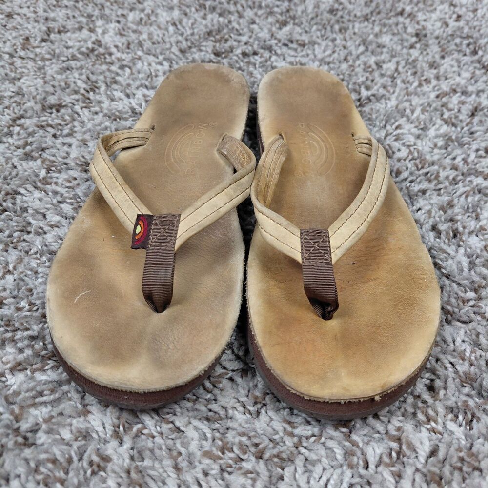 Rainbow Leather Sandals Womens Small Tan Single Layer Beach Thong